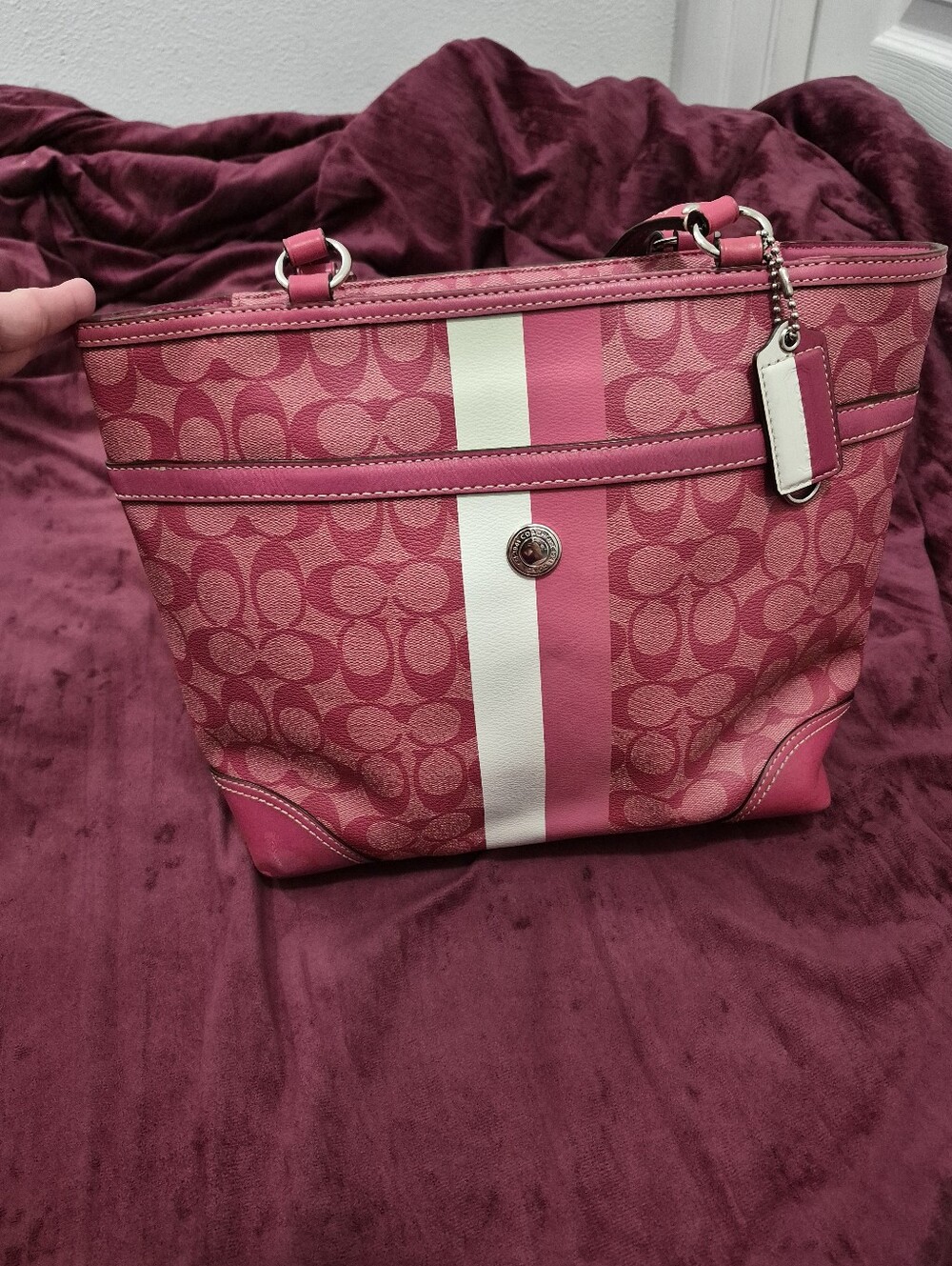 Coach Pink Signature Stripe Tote with White Accent